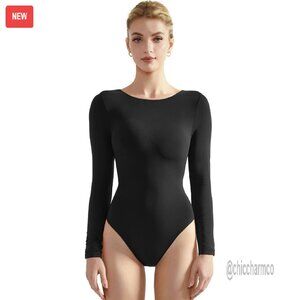 Long Sleeve Crew Neck Bodysuit Double Layer Thong Bottom Adjustable Hooks